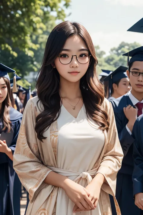 detailed face half body of photo. 20 year old white skin slim body Indonesian girl with a sweet  face,   round face chubby face chubby cheeks and blunt chin and long brown wavy hair, round glasses wear  dress from batik while in graduation day in luxury pa...