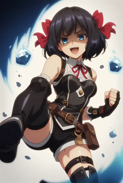 (score_9,score_8_up,score_7_up, ),TXWL_DN,1girl,Alone,black hair,fingerless gloves,thighhighs,blue eyes,short hair,black thighhighs,shade shaded face(eyes in shadow),,red ribbon,black gloves,hair bow,belt,detached sleeves,black latex shorts,belt pouch,cowb...