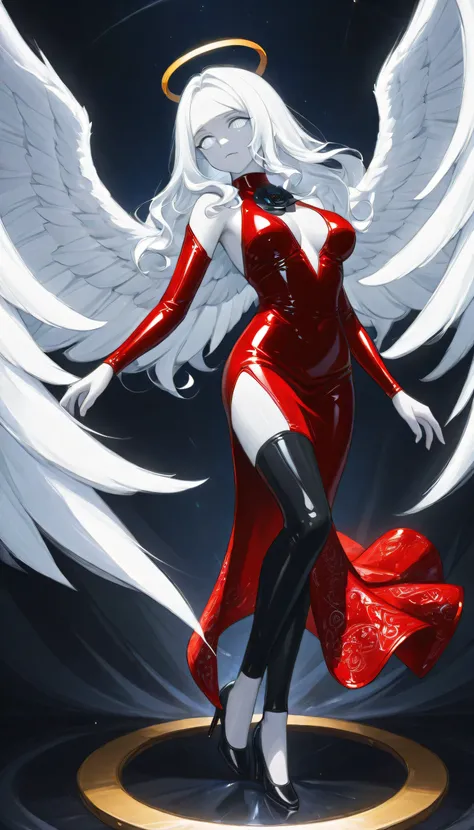 score_9, score_8_up, score_7_up, score_6_up, score_5_up, score_4_up, a picture of magnificent  female angel, busty long hair, dynamic hair color, long hair, wavy hair, shining blue eyes, white wings, wearing intricate elegant (red leather dress: 1.3), wear...