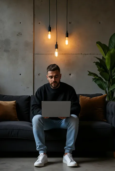 Masterpiece:1.3), (8K, Photorealistic, RAW photo, Best Quality: 1.4)A stylish, industrial-inspired lounge where a young man sits on a black sofa, absorbed in his black space grey colour MacBook pro. Hair: The hair is short, styled short on the sides and lo...