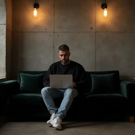 Masterpiece:1.3), (8K, Photorealistic, RAW photo, Best Quality: 1.4)A stylish, industrial-inspired lounge where a young man sits on a black sofa, absorbed in his black space grey colour MacBook pro. Hair: The hair is short, styled short on the sides and lo...