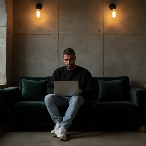 Masterpiece:1.3), (8K, Photorealistic, RAW photo, Best Quality: 1.4)A stylish, industrial-inspired lounge where a young man sits on a black sofa, absorbed in his black space grey colour MacBook pro. Hair: The hair is short, styled short on the sides and lo...