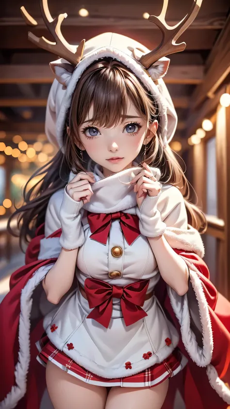 Kawaii style,Digital Painting,best quality,cute reindeer girl,Christmas cape with antler hood,brown and white outfit,red bow,playful pose,bright eyes,short skirt,festive atmosphere,snowy Christmas background,decorated tree,twinkling lights,wooden cabin,sof...