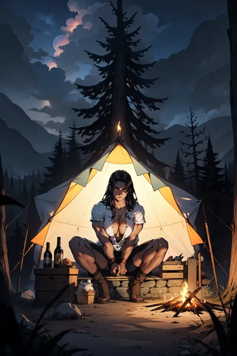 dark atmosphere huge muscles huge muscles large breasts black hair yellow eyes pale skin looking at viewer campfire woods night sky tent sitting empty eyes.