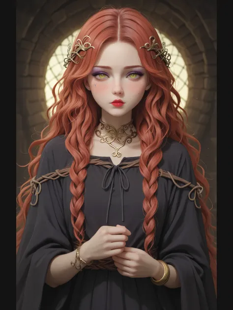 1woman, Ranni the Witch, Lunar Princess, porcelain skin tone, pretty face, gorgeous yellow eyes, free flowing loose hair, lush hanging hairstyle, very bright red hair, very long hair, long deep-red flowing hair, loose dress, bright pink blush, redhead adul...
