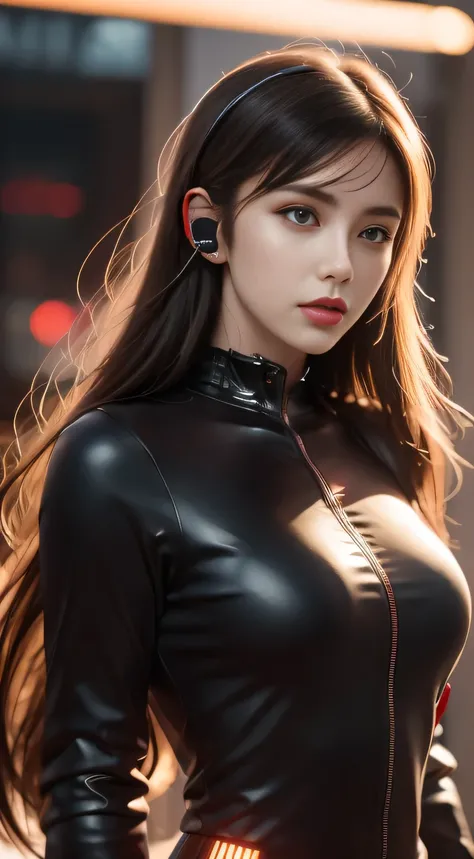   A woman wearing headphones stands next to it, Cyberpunk Art by Jason A . Inger, CG Society, Retro-futurism,  Ilya Kuvshinov ,  Science Fiction ,  futuristic ,  full of energy , photo actual ,  actual , dramatic,  Cinematic lighting ,  clearly focused, 8K