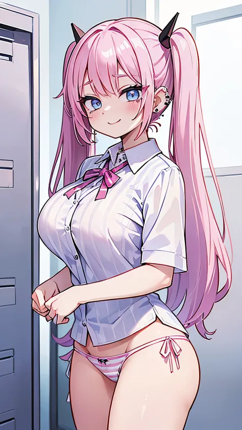 ((masterpiece、 top quality 、 super detailed )、 1 girl、 pink hair、twintails、 Light Blue Eyes 、evil smile、((lots of piercings))、(( very large breasts))、(( White collared shirt ))、Short sleeve、((stripe panties))、 cowboy shot、 locker room background