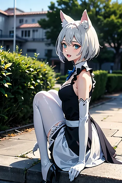 Tabletop　 Best image quality　Ultra-clear　High definition　One Young Woman（（adult））　Anime Style　White long gloves（（Blanche）（Elbow Gloves））　White pantyhose　Maid clothes（Sleeveless）　mini skirt　White wolf ears　short hair（（shortcut）（Gray Hair）（Habitual hairstyle...