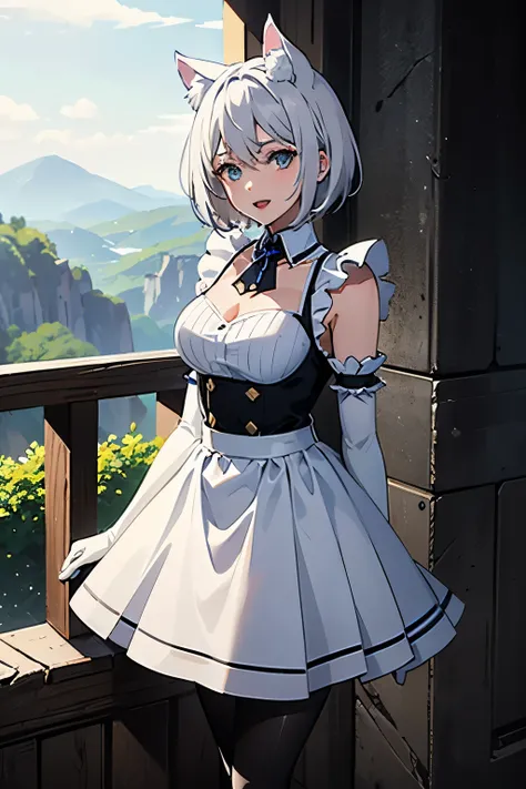 Tabletop　 Best image quality　Ultra-clear　High definition　One Young Woman（（adult））　Anime Style　White long gloves（（Blanche）（Elbow Gloves））　White pantyhose　Maid clothes（Sleeveless）　mini skirt　White wolf ears　short hair（（shortcut）（Gray Hair）（Habitual hairstyle...