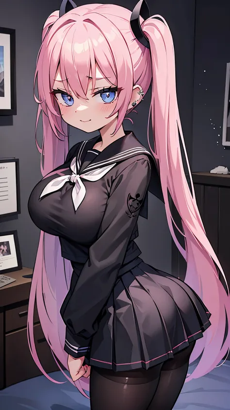 ((masterpiece、 top quality 、 super detailed )、 1 girl、 pink hair、twintails、 Light Blue Eyes 、evil smile、((lots of piercings))、(( very large breasts))、(( black sailor suit ))、 Long Sleeve 、(( black pleated skirt ))、((micro miniskirt))、((black pantyhose))、((...