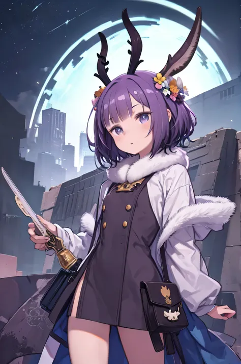  Night Jackalope, short purple hair, Jackalope horns, (masterpiece,  top quality )