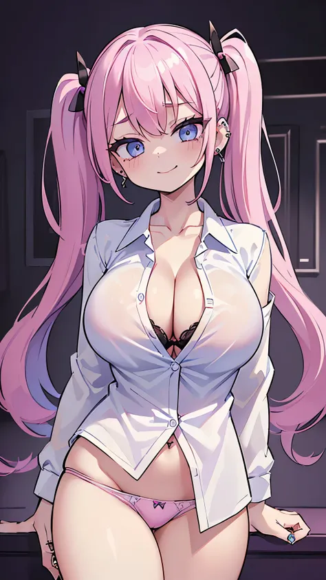 ((masterpiece、 top quality 、 super detailed )、 1 girl、 pink hair、twintails、 Light Blue Eyes 、evil smile、((lots of piercings))、(( very large breasts))、(( White collared shirt ))、((clavicle))、cleavage、((pull panties))、((adjusting panties))、 cowboy shot、(( Da...