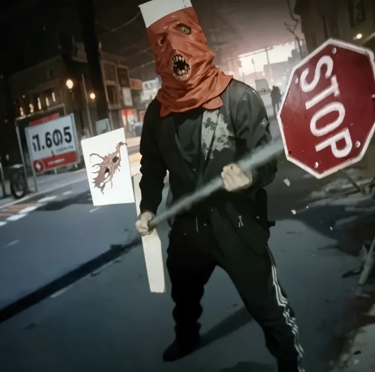 An extremely detailed hyper realistic photo depicts a humanoid holding a stop sign, appearing to be in the midst of some sort of confrontation or protest. The persons face is not visible and seems to be merged in a sickening fashion with a traffic cone, bi...