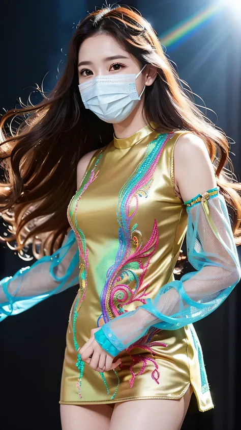  supermodel with long, curly, flowing hair drawn in detail, Wearing rainbow clothes (Transparent and intricate embroidery) (Metallic Surgical Mesh Mask) Don&#39;t hide your face, ((Mouth is hidden)),  wearing strange futuristic fashion ,    gorgeous and in...