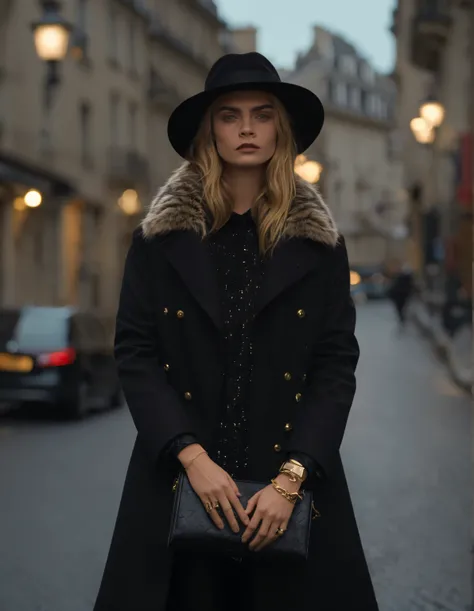 photo de Cara Delevigne, une casquette noire sur la tête, elle a lair lasse et triste, ne porte pas de maquillage, il pleut un peu, assise sur des escaliers à Montmartre Paris  (((ohwx femme))) par Greg Rutkowski, trending on artstation. portrait très déta...