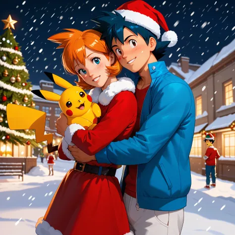 highly detailed, (couple), hetero, (duo focus), highres, 1man, 1woman, BREAK, 1man, ash ketchum, ashxyz, aged up, handsome boy, good looking boy, santa outfit, santa hat, pikachu, pikachu on his shoulder, hugging from behind, arms wrapped around girl, BREA...