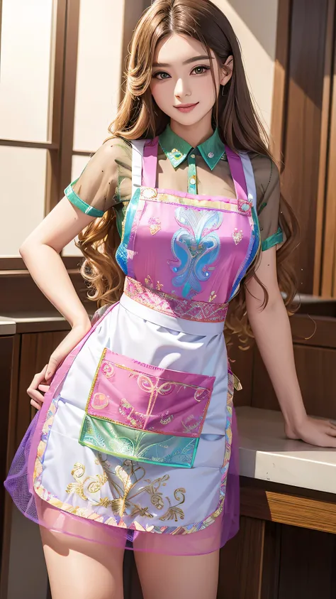  supermodel with long, curly, flowing hair drawn in detail, Wear rainbow-colored clothes  (Transparent and intricate embroidery) ( metallic surgical mesh apron ) Don&#39;t hide your face, ((Mouth is hidden)),  wearing strange futuristic fashion ,  gorgeous...