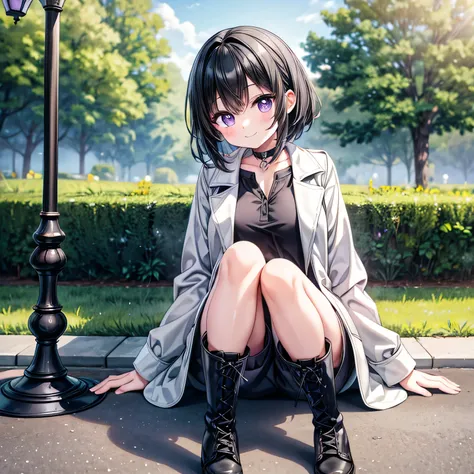 (extremely detailed, 8K resolution, masterpiece, best quality, Moe Art style, safe for work), 1 cute lady, full body, sit on a bench in the park, (shiny black hair shortcuts, shaggy cut):1.4, slender body, (white long-sleeve henley shirt, grey trench coat,...