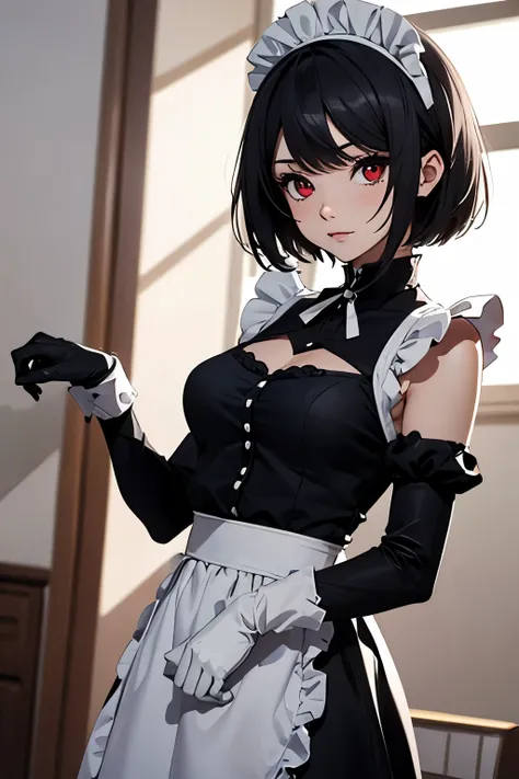 pixel maid woman red eyes black short hair and black top, white diadem, black arms and black gloves