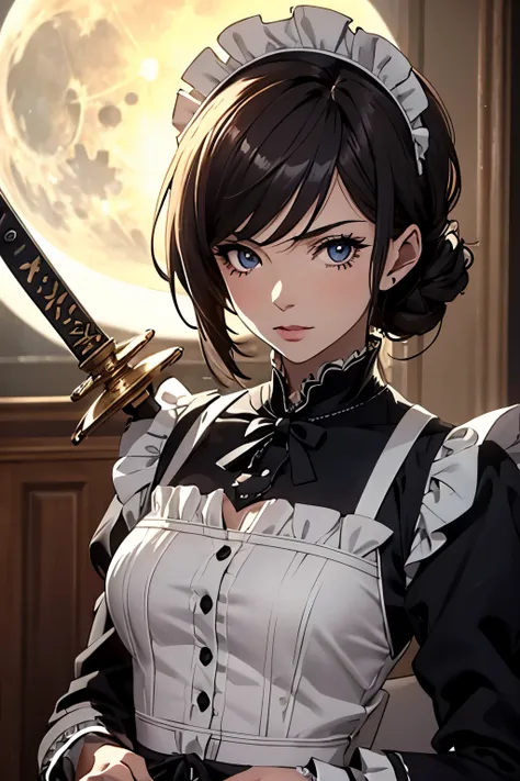 Close up portrait of woman in dress holding sword,, maid clothes, maid dress, anime girls in maid costumes, gorgeous maid, Anime Cosplay, Maid costume, victorian gothic lolita fashion, wearing a maid outfit, Cosplay, Mechanical maid illuminated by the pale...