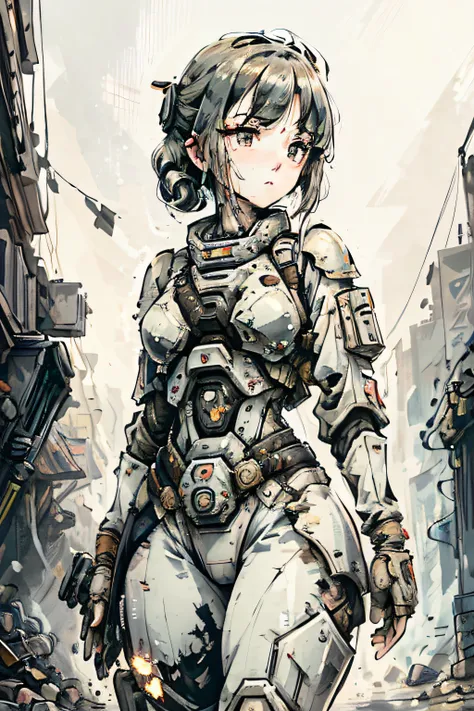 female warrior, Beautiful young girl, Europeans gir, white woman, dilapidated planet, futuristic combatsuit, heavy armor, sci-fi, running, (dirty battlesuit,dirty: 1.5),(scratched battlesuit, scratch: 1.5), no Helmet, (Background warzone),rifle, rifle on b...