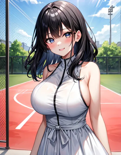 tennis dress,(white tennis dress:1.2),(large breasts:1.55),(shiny hair),((solo)),((masterpiece)),((best quality)),perfect anatomy,slim waist,perfect image,8k UHD,(beautiful detailed eyes:1.3),extremely detailed face,standing,(upper body:1.2),(look at the f...