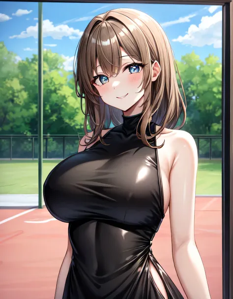 tennis dress,(shiny black tennis dress:1.3),(large breasts:1.55),(shiny hair),((solo)),((masterpiece)),((best quality)),perfect anatomy,slim waist,perfect image,8k UHD,(beautiful detailed eyes:1.5),extremely detailed face,standing,(upper body:1.25),(look a...