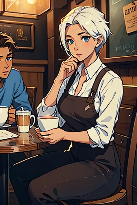  A beautiful sexy woman with brown eyes and short brown hair,  brown skin,  sitting in a coffee shop next to a white-haired boy , light skin, blue eyes RPG  ( better quality)