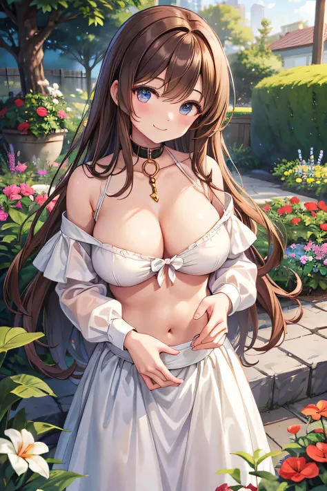 Brown long hair, big breast, open collar, White off-shoulder shirt, little smiling, long white skirt, circle belt, breast Feed, stomach, garden