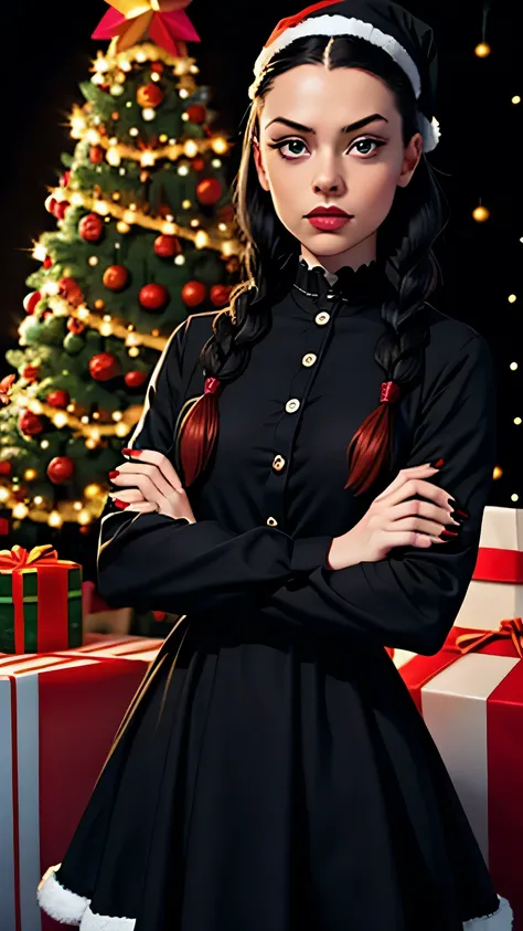 crossed arms, 1girl, 21 years old, Wednesday Addams, braid, solo, twin braids, black and white Santa hat, dress, black hair, long sleeves, polka dot dress, black dress, lips, Christmas background, Christmas decorations, Christmas tree, Christmas lights, lo...