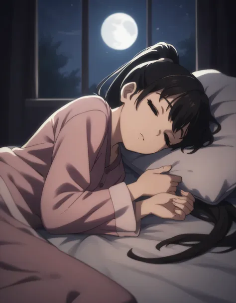 score_9, score_8_up, score_7_up, gsfghtr, long ponytail hair, black hair, pajamas, 1girl,solo,looking at viewer,sleep, lying on bed, bed room with window, (((bright light from front))), moon, night