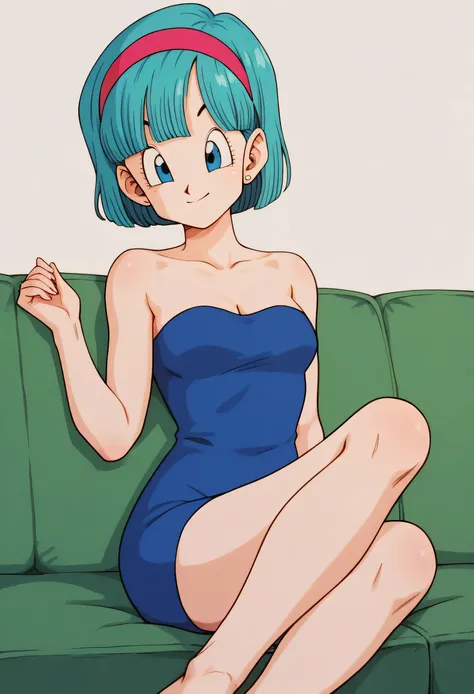 Bulma, Short hair, pelo aguamarina, bob cut, red hairband, Blue eyes, bare shoulders, strapless, medium breast, a strapless blue tube dress, cleavage, sitting on a sofa, upper body, legs down, smile, looking at viewers