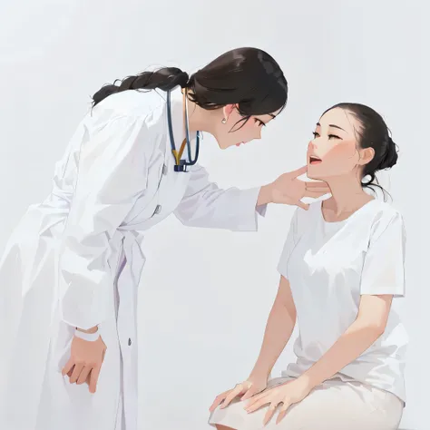 there are Two Women sitting next to each other talking, doctor, (doctor), Medical Photography, medical doctor, nursing,  wearing a lab suit and shirt , shutterstock,  medical image , Exclusive, Woman in white hospital robe , Cysts ,  white background , 干净的...