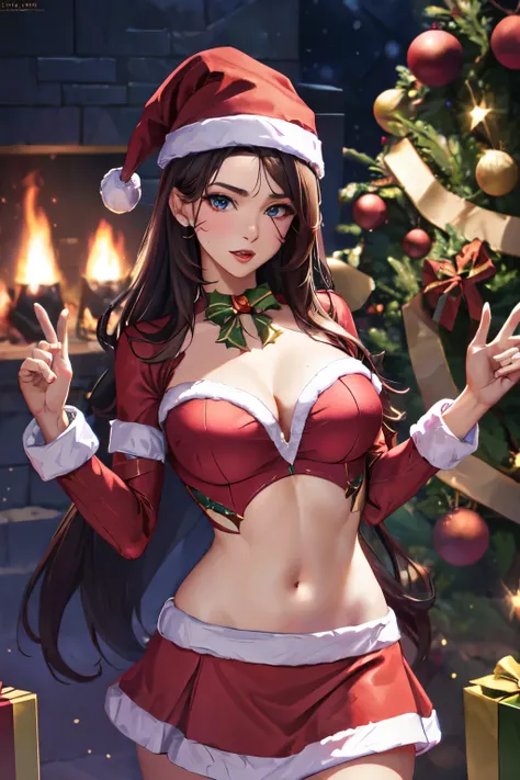 Kaisa League Two Legendaries, Christmas skirt, red top,  perfect body,  perfect face, Close to a Christmas tree,  Overview , 8k,  super detail ,  high resolution