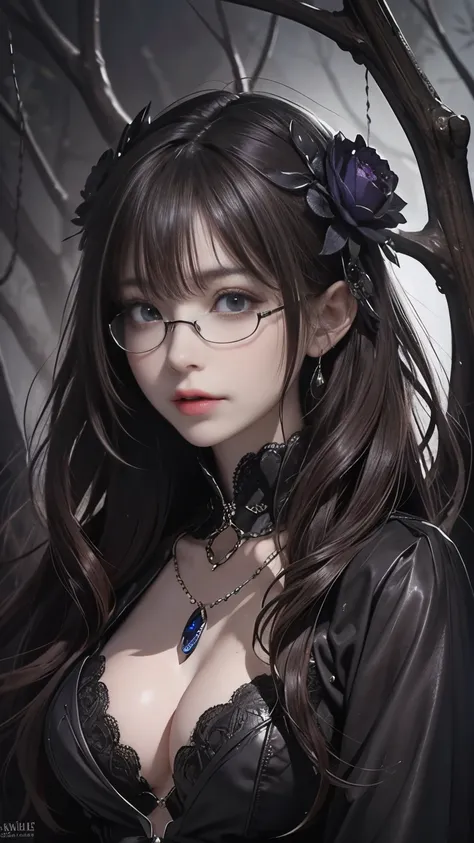 ( top quality ,4K,8k,  nothing ,masterpiece:1.2),   very detailed,( realistic ,photo realistic ,photo- realistic :1.37),   Closeup of a dark-haired woman in black, Dark Eyes,Bad luck笑顔,((((Glasses、Big Breasts))))、((((  Large Sapphire Necklaces  ))))、   Evi...