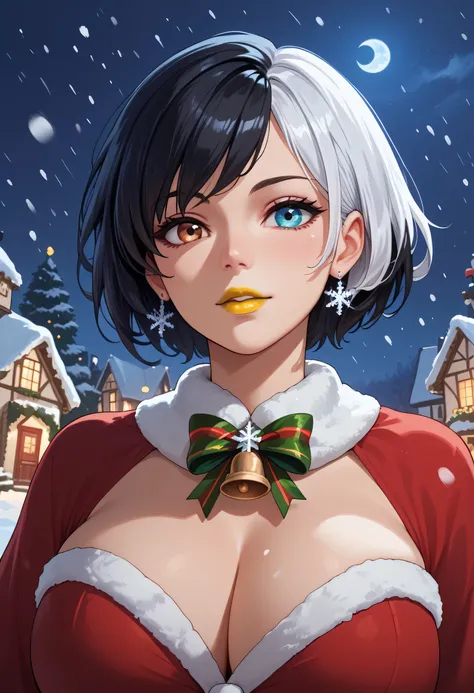 snowing at night, girl, solo, luna_snow, black hair, white hair, multicolored hair, short hair, blue and brown eyes, multicolored eyes, heterochromia, christmas, christmas outfit, perfect face, beautiful eyes, looking at viewer, big breasts, yellow lipstic...