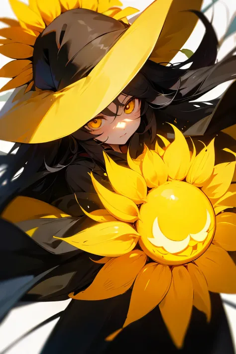  long black hair 、bewitching yellow eyes、Sunflower