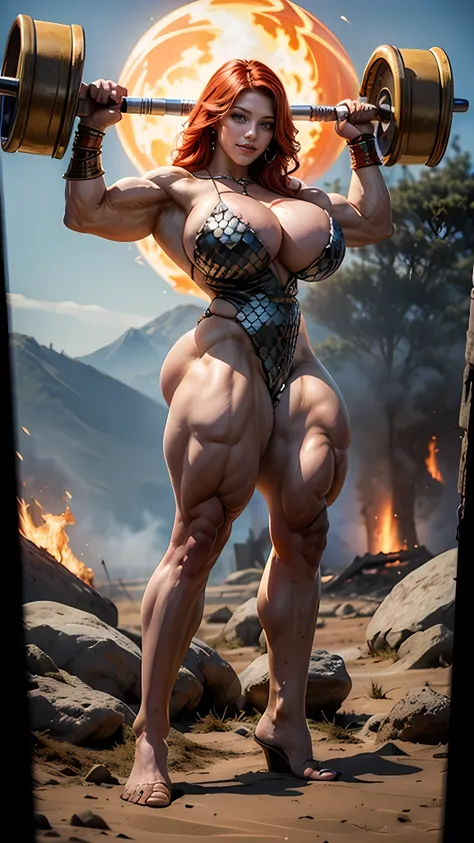 ((Medieval viking BATTLEGROUND)), Fight scene, Fire and chaos, full body, Katheryn Winnick as Red Sonja, with a sword ready for battle, bare feet, Long Legs, thick calves, (HUGE BREASTS:2), (MASSIVE FEMALE BODYBUILDER:1.9)