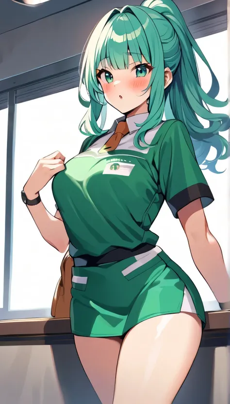  nejire hado, Starbucks uniform,  Sexy , leg, Chest,   perfect figure ,  blush,  watching the audience  