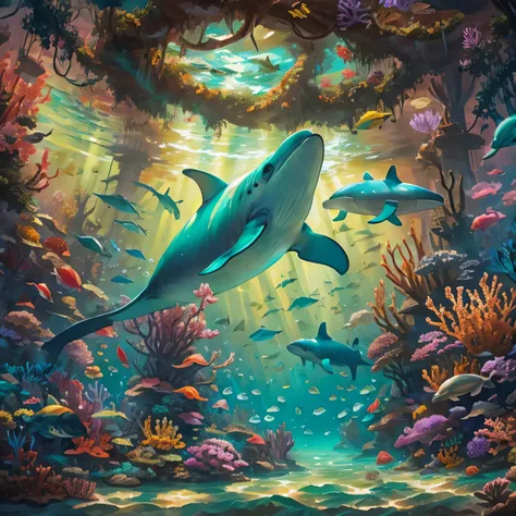 The design should create a vibrant underwater scene featuring a variety of marine life, including large, majestic whales and playful dolphins swimming among the colorful coral reefs. The environment should be lit with soft, ethereal lighting to create the ...