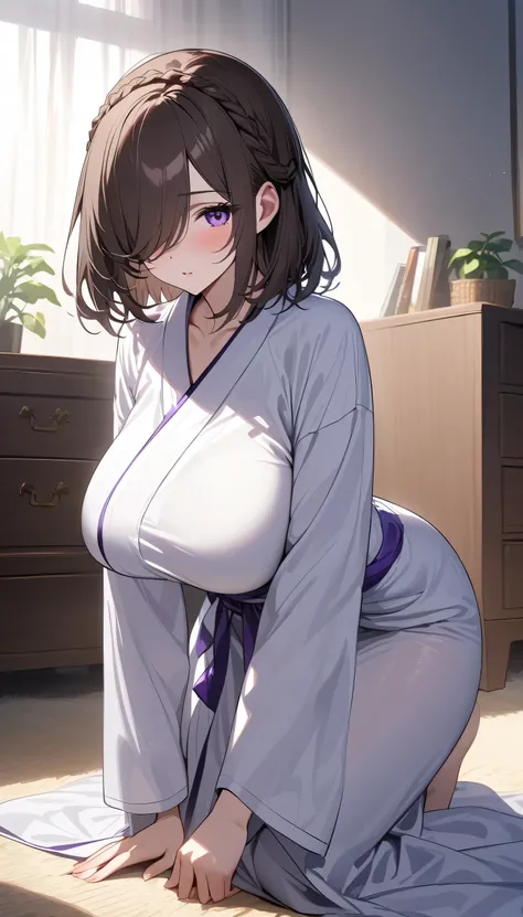 (masterpiece, Highest quality:1.2), (1girl), alone, ((medium hair)), (((dark brown hair))), (straight hair), ((hair over face)), (hair over one eye), (hair over right eye), (white long kimono), (()), ((purple eyes)), (big breast), high detail, bloom, textu...