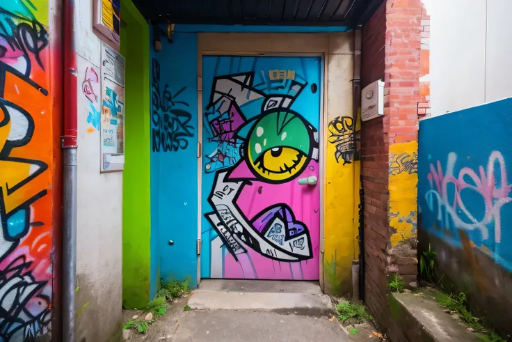  door and graffiti covered alley with graffiti eyes,  street art 8K , Graffiti on the wall,  graffiti street art ,   colorful graffiti inspired by graffiti ,  graffiti art, wall with   colorful graffiti inspired by graffiti ,  urban art style ,  graffiti a...