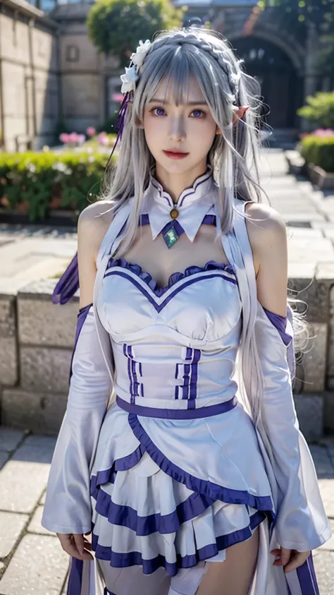 Landscape of a very beautiful 25 years woman, (cowboy shot), (((front focus))), (((background Blurry))), Bokeh, photography with Fujifilm XT3, depth of field, film grain, female focus, Emilia/(Re : Zero Kara Hajimaru/), anime style, (((walking at castle co...