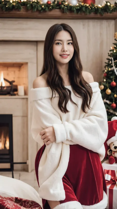 ( top quality ,4K, high definition ,masterpiece:1.2), realistic , Christmas, girl (21 years old), hug a big stuffed animal,stuffed animal,  please wear warm clothes,Snow falling in the background,Winter Wonderland ,Facial expression of joy, Magical Atmosph...