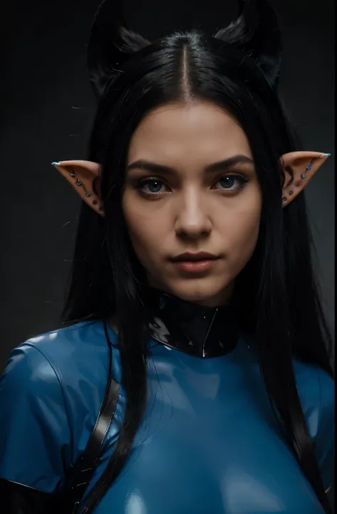 Beautiful blue woman with hyper-realistic long black hair 32k ,  light blue skin color with pointed elf-style ears . with short black latex clothing . Sinister and dark background .