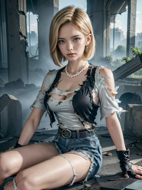 best quality, highres, and18, 1girl, android 18, solo, blonde hair, blue eyes, belt, jeans, pearl_necklace, bracelet, black gloves, white shirt, short hair, short sleeves, earrings, blue pants, open vest, black vest, large breasts, (ruins:1.3), (torn cloth...