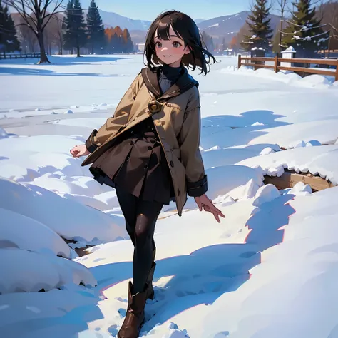 ( High Quality ,  high definition , Very detailed, reality:1.37), Peaceful atmosphere, (Outdoor, garden ,snow),  teenage girl standing alone, Beautiful details,  cute smile, (Black Bob), Ribbed sweater,Brown skirt, Black tights,  brown boots .