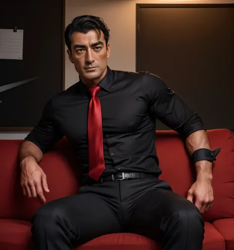 30 year old handsome , One Man,、  muscular、 Gregory Peck。  black shirt  , red tie、  black slim pants 、  black hair、Short Hair　、office、 sits on the sofa、  black shirt 、 red tie、  black slim pants 、  upper body lift with an emphasis on facial expression　若いGr...