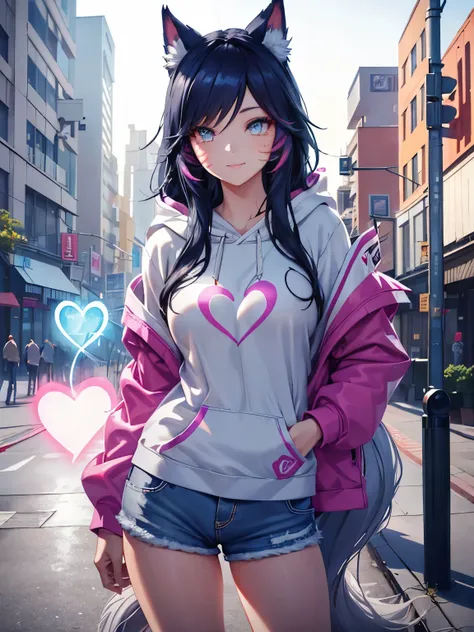 Ahri in a casual light grey hoodie.,short jeans,  beautiful detailed eyes ,  smiley face, long eyelashes, her tails form a heart shape behind her, Standing on a sidewalk, sun shining, vivid colors, photorealistic , portraits, Half: illustration. ( better q...