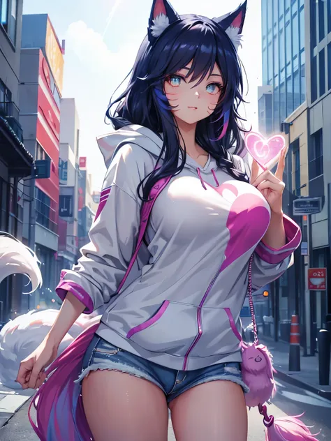 Ahri in a casual light grey hoodie.,short jeans,  beautiful detailed eyes ,  smiley face, long eyelashes, her tails form a heart shape behind her, Standing on a sidewalk, sun shining, vivid colors, photorealistic , portraits, Half: illustration. ( better q...